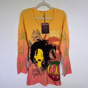 Christian Audigier Crystal Rock Y2K Shirt Women Large Jamaica Peace Top NEW